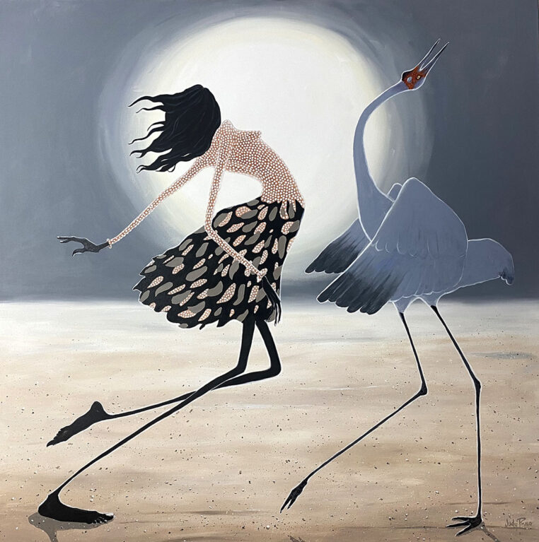 Brolga and girl dance in the full moon