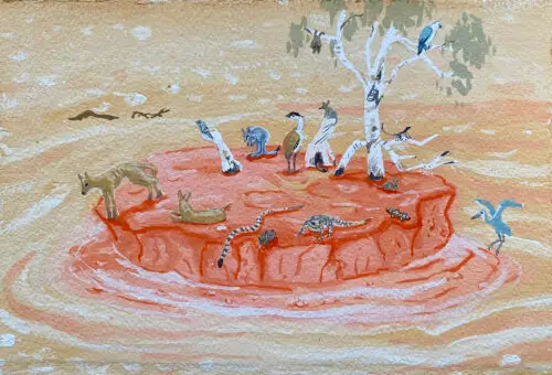 Kimberley animals stranded on an island during a wet season flood in a painting by Judy Prosser