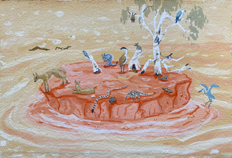Kimberley animals stranded on an island during a wet season flood in a painting by Judy Prosser