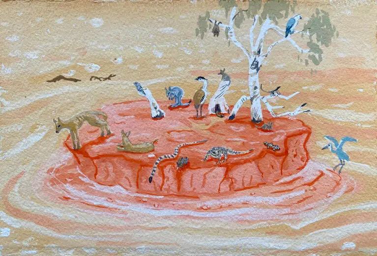 Kimberley animals stranded on an island during a wet season flood in a painting by Judy Prosser