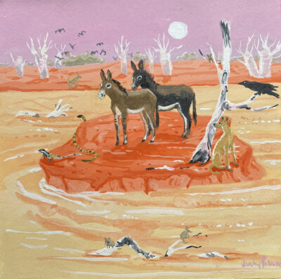 Two Kimberley donkeys stranded on an island during a wet season flood in a painting by Judy Prosser