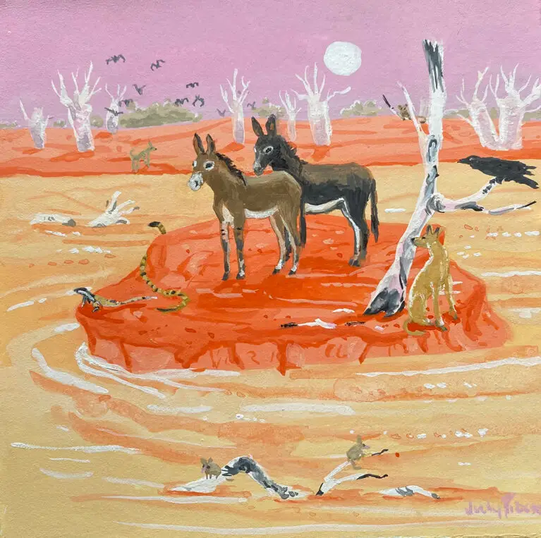 Two Kimberley donkeys stranded on an island during a wet season flood in a painting by Judy Prosser