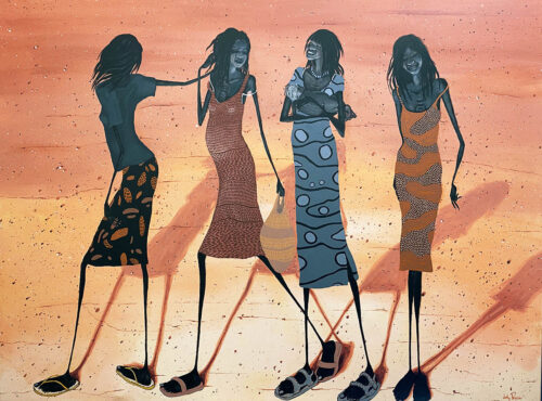 A painting with four Aboriginal women walking in the desert