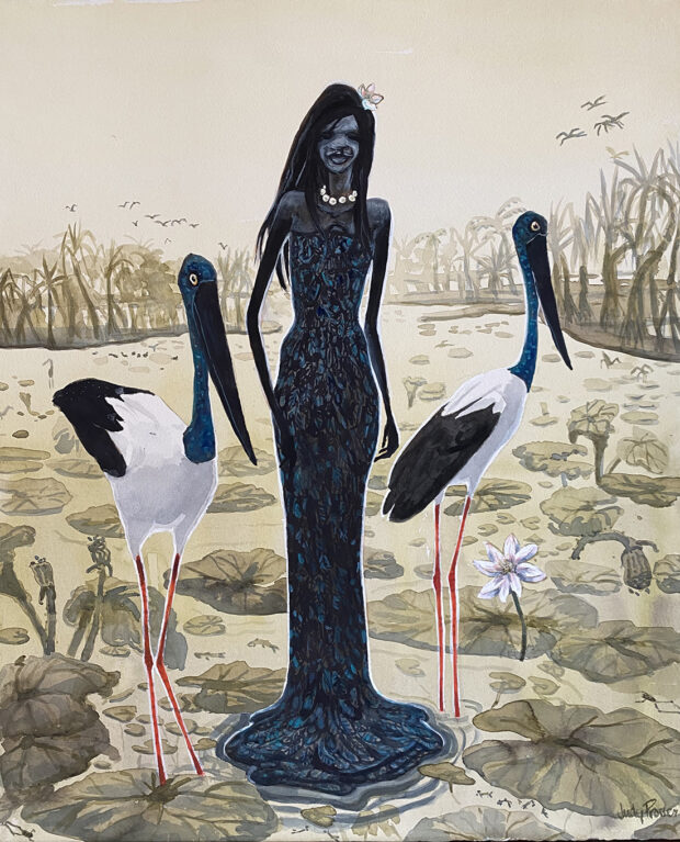 An indigenous girl is standing in the shallows of a billabong with two jabirus in the far north of Australia in a painting by artist Judy Prosser